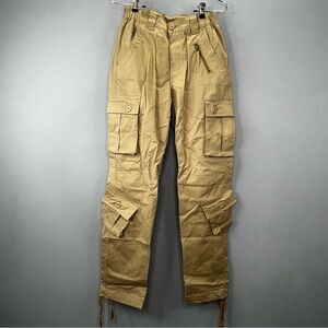 Cargo Pants Khaki Tan Color Pockets Zippers Buttons Drawstring Bottom Size 26